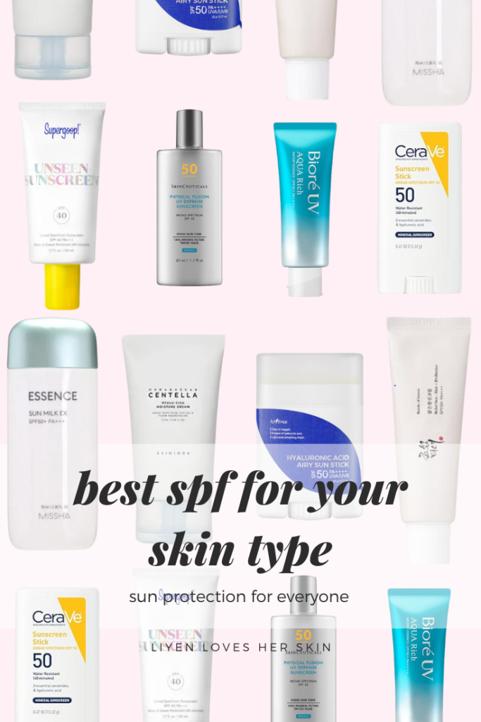 alternating spfs including supergoop, skinceuticals, biore, cerave, essence, skin1004, isinstree, beauty of joseon in a gridlike fashion. Text that says "best spf for your skin type, sun protection is for everyone"